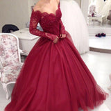 Long Sleeves Ball Gown Burgundy Quinceanera Dress Prom Dress PSK200 - Pgmdress