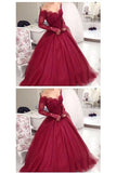 Long Sleeves Ball Gown Burgundy Quinceanera Dress Prom Dress PSK200 - Pgmdress