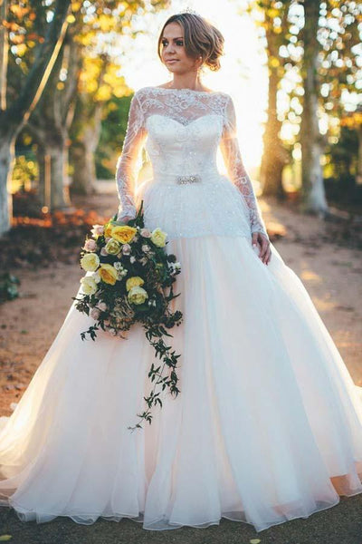 Long Sleeves Ball Gown Organza Wedding Dress with Lace Top WD164 US16 / Ivory Long Sleeves Ball Gown Organza Wedding Dress with Lace Top WD164 US16 / Ivory