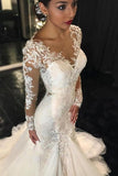 Long Sleeves Court Train Ivory Wedding Dress With Lace Appliques WD037 - Pgmdress