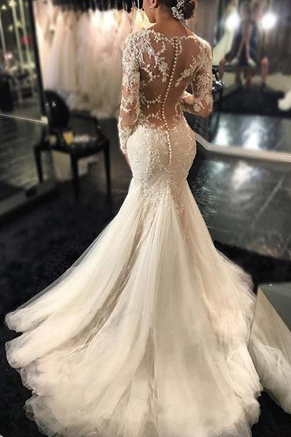 Mermaid Long Sleeve Wedding Dresses with Court Train Sexy Backless Bridal  Gowns