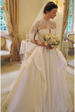 Long Sleeves High Neck Lace Court Train Satin Wedding Dress WD159 - Pgmdress