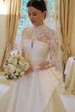 Long Sleeves High Neck Lace Court Train Satin Wedding Dress WD159 - Pgmdress