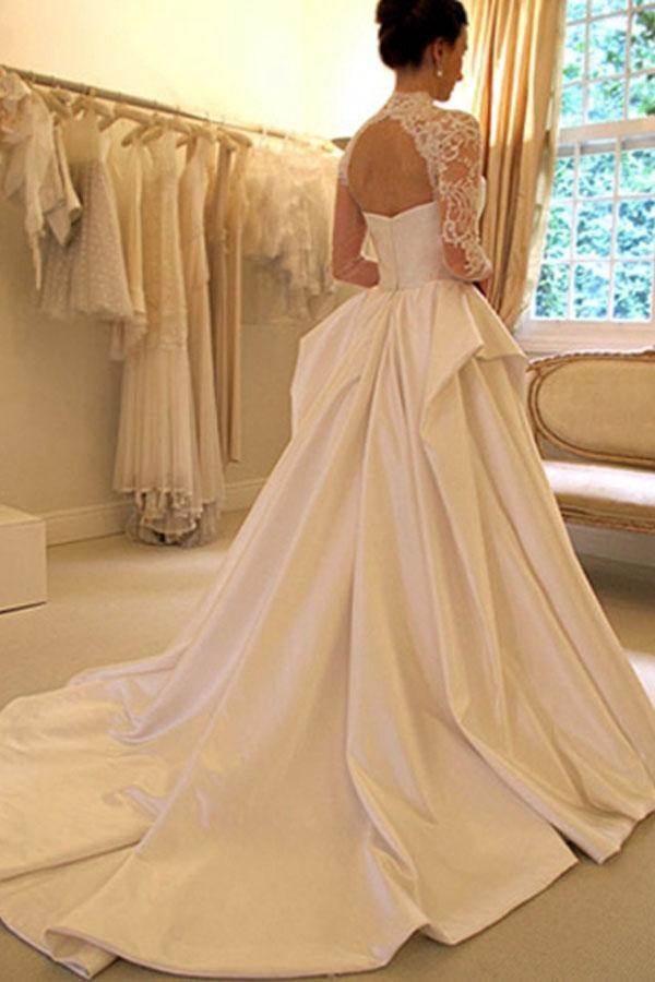 Long Sleeves High Neck Lace Court Train Satin Wedding Dress WD159 - Pgmdress