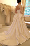 Long Sleeves High Neck Lace Court Train Satin Wedding Dress WD159 - Pgmdress