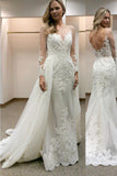 Langärmliges Etui-Brautkleid mit abnehmbarer Schleppe aus Spitze WD060 