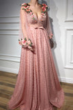 Long Sleeves V Neck 3D Flowers Pink Prom Dresses Formal Dresses PSK063