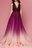 Maroon Ombre Prom Dresses V Neck Long Formal Dresses for Women PG950