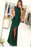 Mermaid Cap Sleeves Dark Green Open Back Sequin Prom Dresses PG487