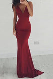 Mermaid Deep V-Neck Backless Burgundy Satin Prom Dress  PG437