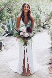 Mermaid Deep V-Neck Court Train Split White Lace Wedding Dress WD146 - Pgmdress