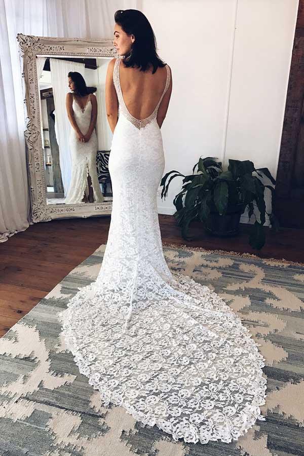 Mermaid Deep V-Neck Court Train Split White Lace Wedding Dress WD146 - Pgmdress