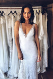 Mermaid Deep V-Neck Court Train Split White Lace Wedding Dress WD146