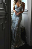 Mermaid Deep V-Neck Sweep Train Grey Tulle Prom Dress PG495 - Pgmdress