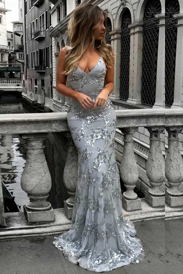 Sexy Deep-V Mermaid Gold Tulle Prom Dress Sexy Deep-V Mermaid Gold Tulle Prom Dress