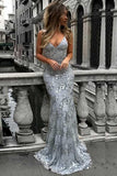 Mermaid Deep V-Neck Sweep Train Grey Tulle Prom Dress PG495