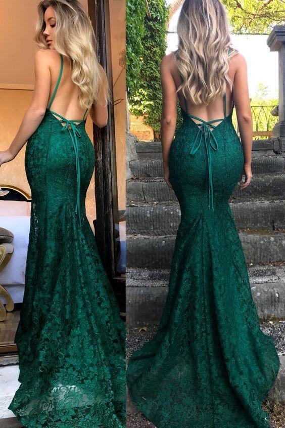 Mermaid Deep V-Neck Sweep Train Hunter Green Lace Sleeveless Prom Dress PSK210 - Pgmdress