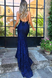 Mermaid Deep V-Neck Sweep Train Hunter Green Lace Sleeveless Prom Dress PSK210 - Pgmdress