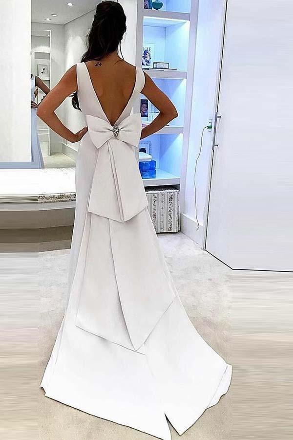Mermaid V-Neck Sweep Trian White Satin Backless Wedding Dress WD219 US10 / Ivory Mermaid V-Neck Sweep Trian White Satin Backless Wedding Dress WD219 US10 / Ivory