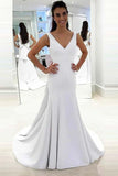 Rückenfreies Brautkleid im Meerjungfrau-Stil mit tiefem V-Ausschnitt und Sweep-Trian-Stil aus weißem Satin WD219 