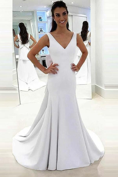 Mermaid V-Neck Sweep Trian White Satin Backless Wedding Dress WD219 Pgmdress Mermaid V-Neck Sweep Trian White Satin Backless Wedding Dress WD219 Pgmdress