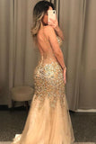 Mermaid Gold Beaded Illusion V Neck Party Dress Backless Long Prom Dress PSK116 - Pgmdress