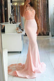 Mermaid High Neck Sweep Train Pink Satin Prom Dress with Beading Lace  PG426