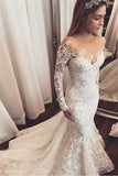 Mermaid Ivory Lace  Sweep/Brush Train Scoop Long Sleeve Wedding Dress WD495