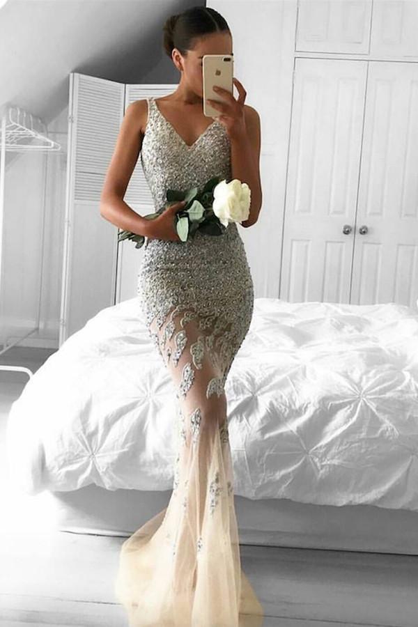 Mermaid Lace Appliques Sleeveless Beads Tulle Evening Dress PG350 - Pgmdress