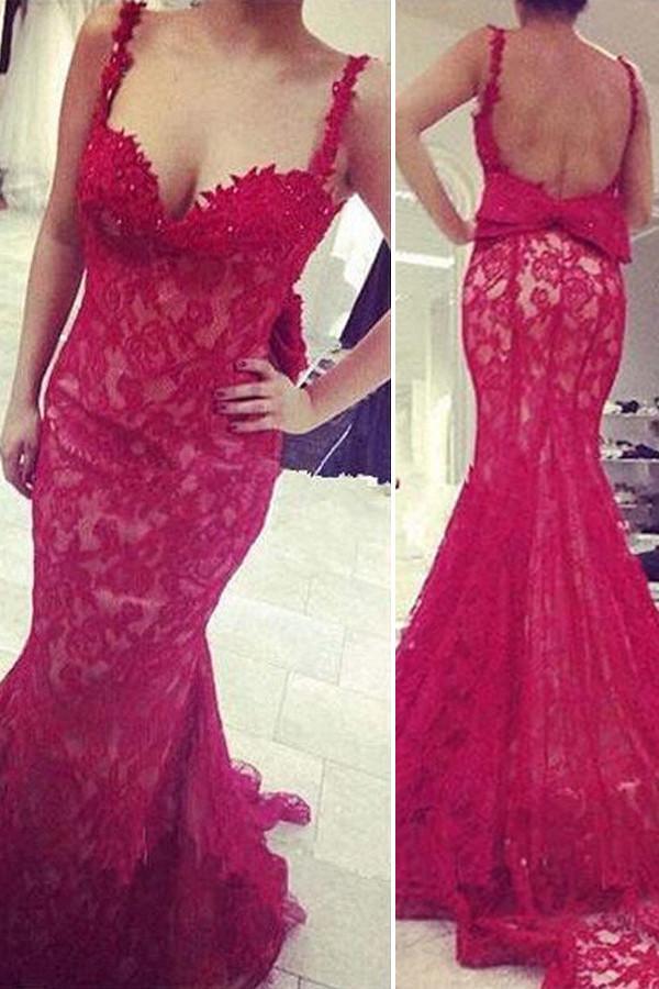 Mermaid Lace Red Prom Dresses Evening Gown Party Dressess PG285 - Pgmdress