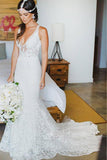 Mermaid Lace V-neck Court Train Beach Wedding Dress WD107 - Pgmdress