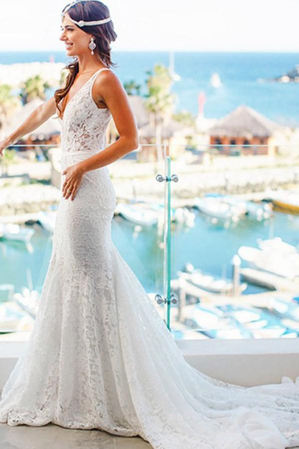 Mermaid Lace V-neck Court Train Beach Wedding Dress WD107 - Pgmdress