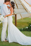 Mermaid Lace V-neck Court Train Beach Wedding Dress WD107 - Pgmdress