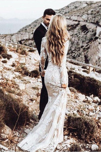 Mermaid Long Sleeve Lace Boho Wedding Dress Rustic Bridal Gown WD504 US16 / As Picture Mermaid Long Sleeve Lace Boho Wedding Dress Rustic Bridal Gown WD504 US16 / As Picture