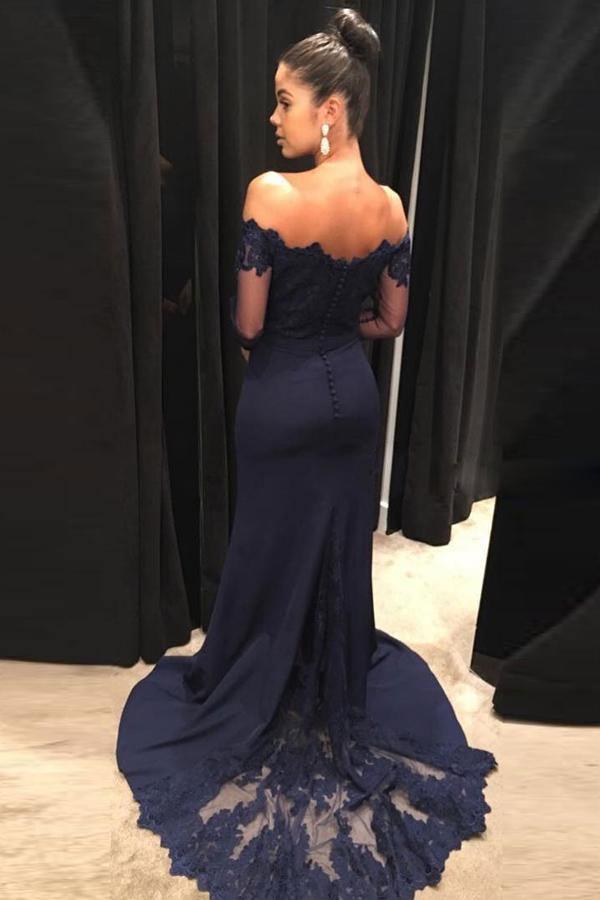 Mermaid Navy Blue Off The Shoulder Long Prom Dresses with Long Sleeves PG723 - Pgmdress