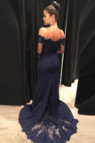 Mermaid Navy Blue Off The Shoulder Long Prom Dresses with Long Sleeves PG723 - Pgmdress