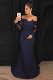 Mermaid Navy Blue Off The Shoulder Long Prom Dresses with Long Sleeves PG723