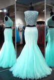 Mermaid Neck Lace Tulle Floor-length Beading Two Piece Prom Dresses PG385 - Pgmdress