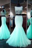 Mermaid Neck Lace Tulle Floor-length Beading Two Piece Prom Dresses PG385