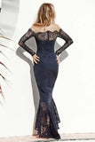 Mermaid Off-the-Shoulder Navy Blue Bridesmaid Dress with Lace BD068 - Pgmdress
