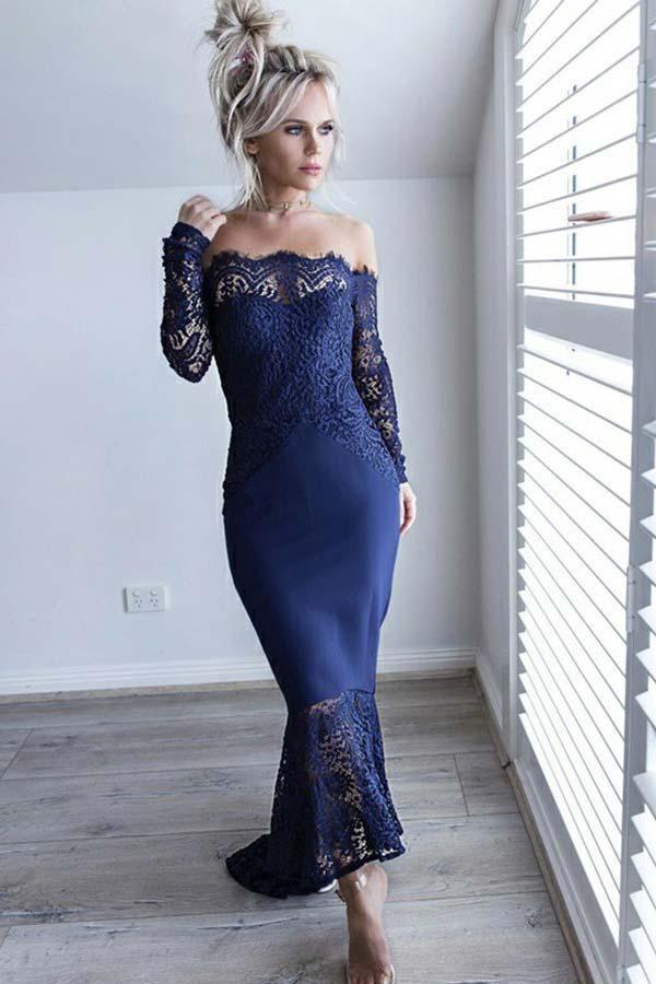 Mermaid Off-the-Shoulder Navy Blue Bridesmaid Dress with Lace BD068 - Pgmdress