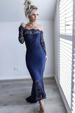 Mermaid Off-the-Shoulder Navy Blue Bridesmaid Dress with Lace BD068