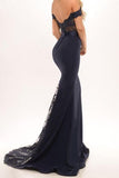 Mermaid Off the Shoulder Navy Blue Prom Dress Evening Dresses With Sash PG230 - Pgmdress