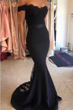 Mermaid Off the Shoulder Navy Blue Prom Dress Evening Dresses With Sash  PG230