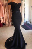 Mermaid Off the Shoulder Navy Blue Prom Dress Evening Dresses With Sash PG230 - Pgmdress