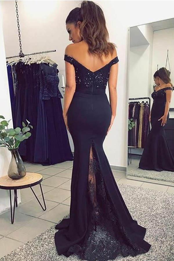Mermaid Off-the-Shoulder Navy Blue Prom Dress with Sequins PG469 - Pgmdress