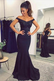 Mermaid Off-the-Shoulder Navy Blue Prom Dress with Sequins PG469 - Pgmdress