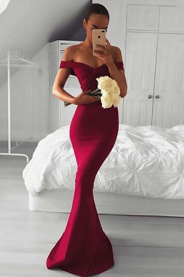 Mermaid Off-the-Shoulder Sweep Train Burgundy Satin Prom Dress PG792 - Pgmdress