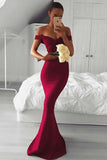 Mermaid Off-the-Shoulder Sweep Train Burgundy Satin Prom Dress PG792 - Pgmdress