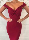 Mermaid Off-the-Shoulder Sweep Train Burgundy Satin Prom Dress PG792 - Pgmdress